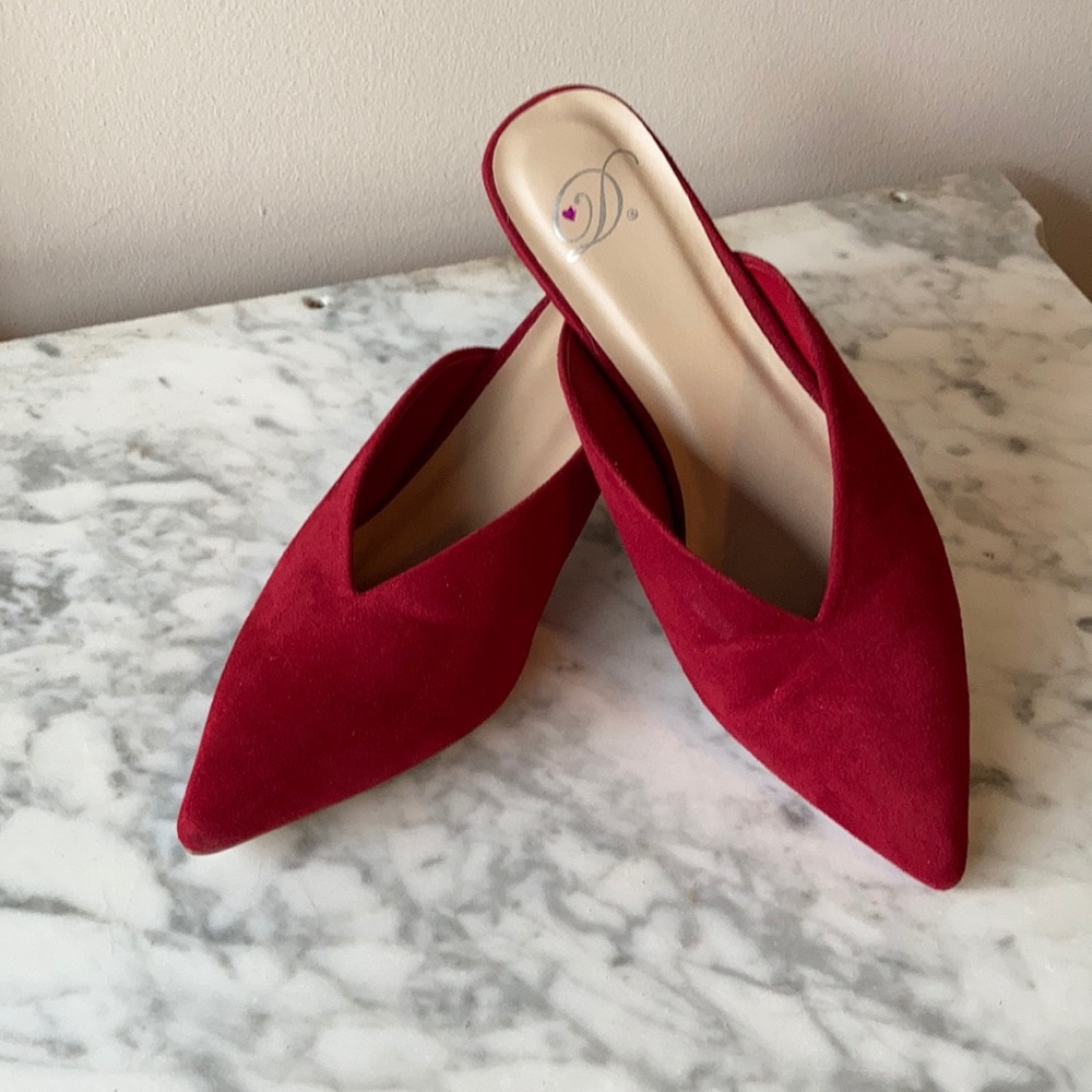 Red faux suede mules